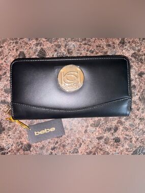 bebe Black Wallet with Gold Cord Accent